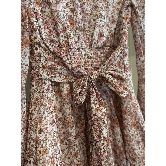 Japna Pink/Peach Floral Print Long Sleeve Tiered Faux Wrap Mini Dress, Sz Small - Picture 7 of 8